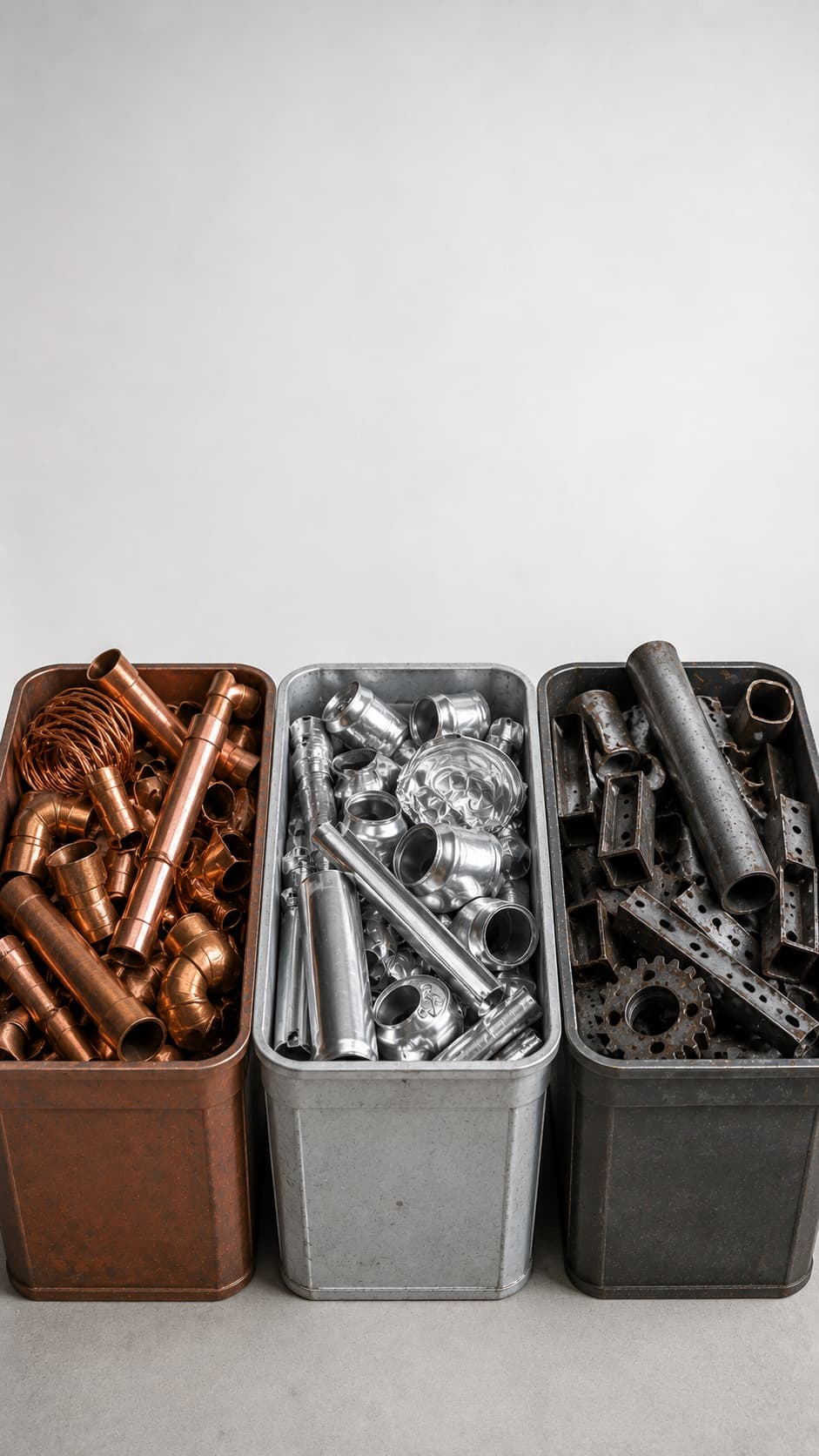Sorterat metallskrot i hinkar och lådor hemma — koppar, aluminium och järn separerade